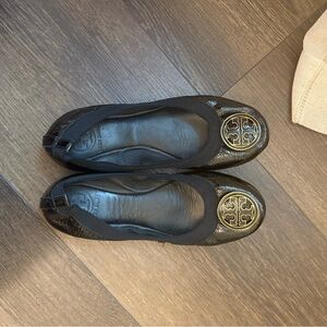 Tory Burch Black Leather Flats with Gold Logo
